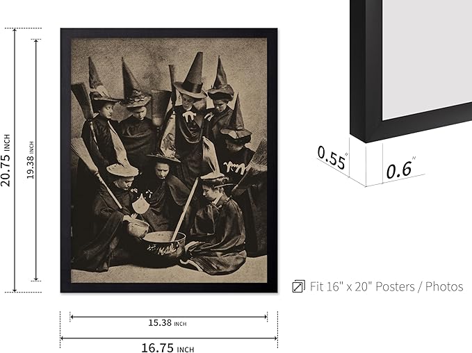 Poster Master Vintage Photograph Poster - Retro Halloween Print - Gift for Artist, Friend - Witches Cooking, Pointy Hats, Broomsticks, Black Magic - Wall Decor for Bedroom, 16x20 Black Framed
