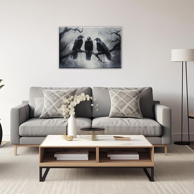 OAAPITI Halloween Wall Art Black Raven Art Poster Night Forest Landscape Pictures Print Scary Weird Black Crow Living Room Home Bedroom Decor(Artwork-5,16"x24")