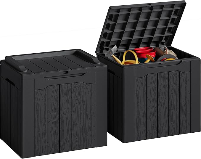 JUMMICO 31 Gallon Resin Deck Box Waterproof Indoor Outdoor Storage Boxes for Patio Furniture Cushions and Garden Tools (Black, 31gallon-2 Packs)