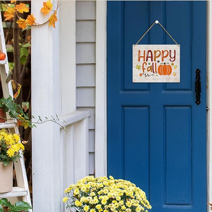 MIGUMUTU Rustic Farmhouse Fall Signs Door Wall Hanging Decor, Fall Room Home Decor, Pumpkin Decor Fall Decoration for Home, Happy Fall Sign Wall Decor for Home Office 12 X 12 Inch