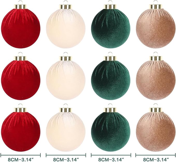 12Pcs Velvet Christmas Ornaments Balls,80mm/3.15in Multicolor Christmas Tree Decoration Shatterproof Flocked Ball with Hanging for Holiday Party Decor