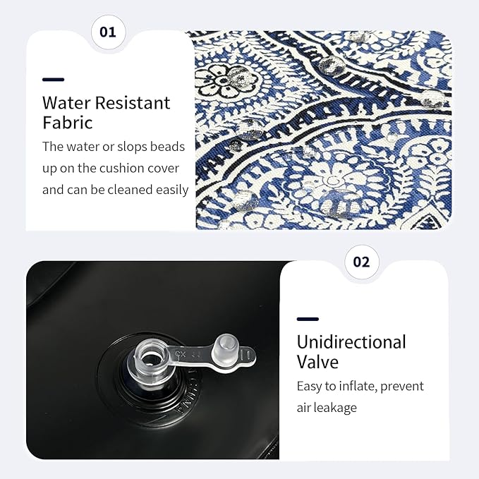 Inflatable Ottoman Stool D21 xH9 for Outdoor/Indoor Use, Water Repellent Patio Foot Rest Stool with Portable Handle,Round Pouf Ottoman Suitable for Garden,Deck and Camping - Medallion Blue