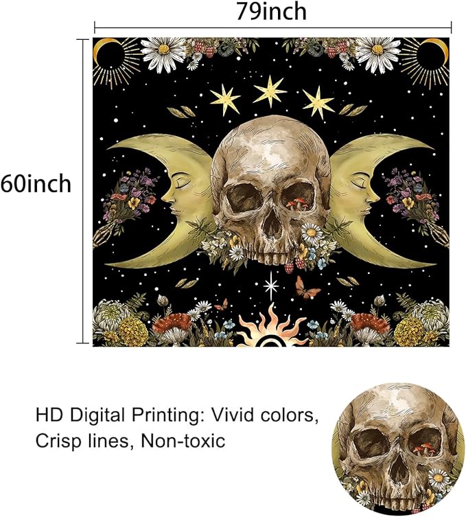 Atrippy Halloween Vintage Gothic Tapestry for Bedroom, Goth Skull Floral Wall Decor Tapestry, Sun and Moon Skeleton Flower Tapestries Aesthetic, Dark Room Decor Wall Hanging for Living Room Dorm 60x79 Inches