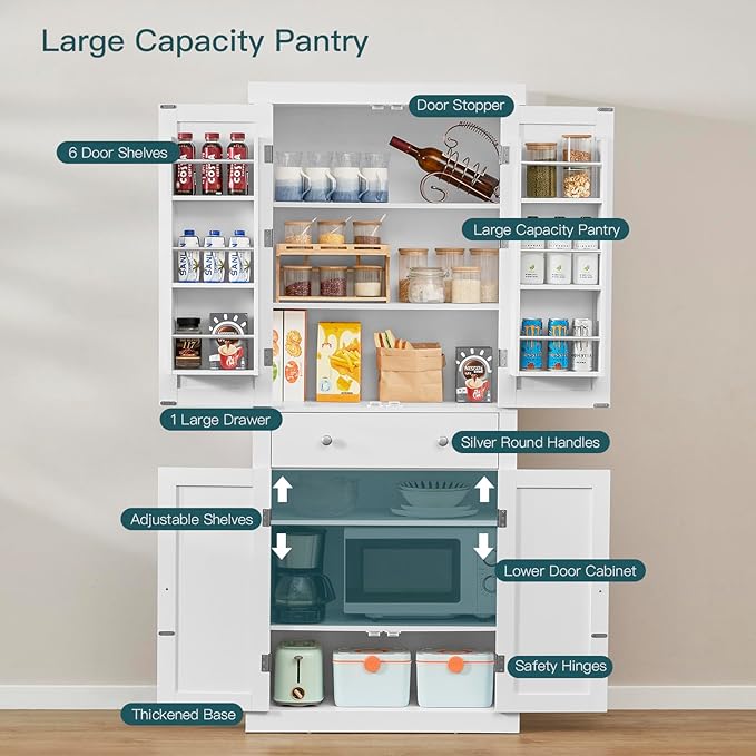 usikey 72” Pantry Cabinet, Tall Kitchen Storage Cabinet with 4 Doors and 1 Drawer, Cupboard with 6 Hanging Shelves and Adjustable Shelves for Kitchen, Dining Room, Living Room, White