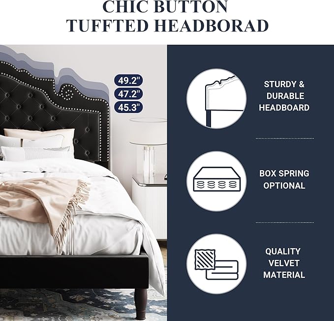 Allewie Full Size Bed Frame with Adjustable Velvet Tiara Headboard, Upholstered Diamond Button Tufted Platform Bed, Wood Slats Support, No Box Spring Needed, Black