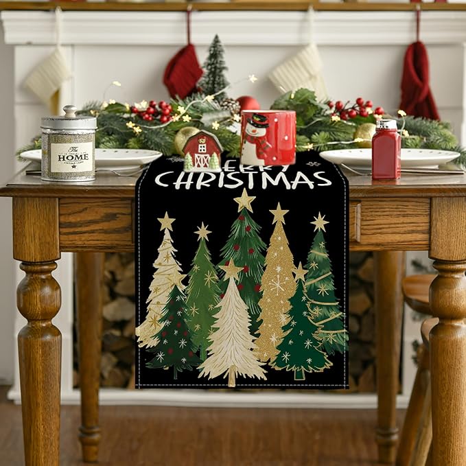 Artoid Mode Xmas Trees Snowflakes Black Merry Christmas Table Runner, Winter Seasonal Kitchen Dining Table Decoration for Home Party Decor 13x60 Inch
