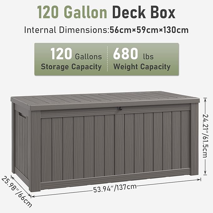 KAMABOKO Outdoor Storage Box, 120 Gallon Large Outdoor Resin Deck Box, Storage Waterproof Boxes Lockable Lid for Garden Tools, Pool Supplies, Patio Furniture and Cushions, Grey