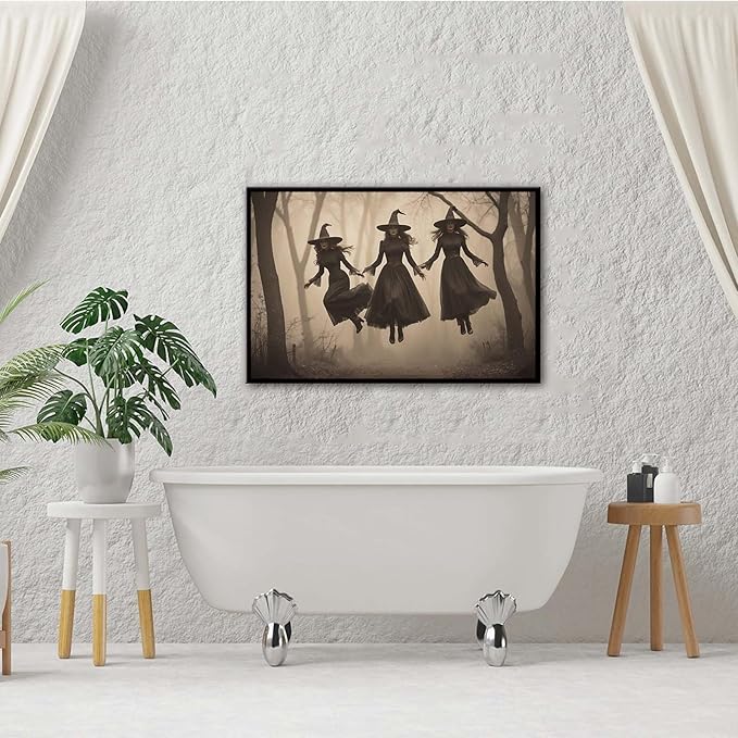 JFHCQJPK Three ghost witches flying in vintage forest gothic wall art witchcraft decoration holiday gift canvas wall art print16x24in Metal blackFramed