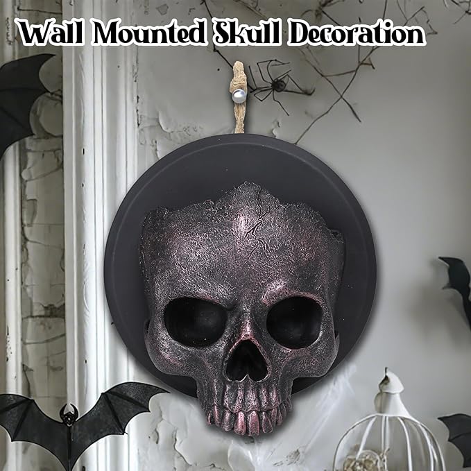 Ovewios Halloween Skull Decorations, Gothic Skeleton Head Hanging Wall Decor, Resin Creepy Skull Led Lights for Indoor Halloween Party Home Decorations