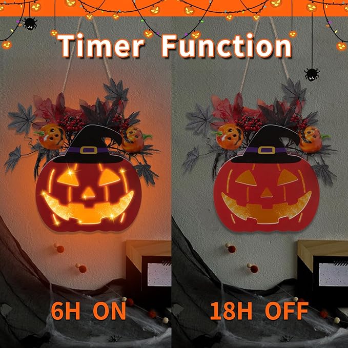 Halloween Door Decorations, Halloween Wreath Decorations Double-Sided Pumpkin with Timer Function, Light up Jack O Lantern for Front Door Window Wall Outside Decor, Battery Operated, 11 Inch