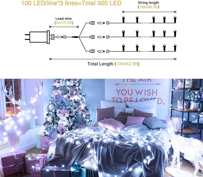 JMEXSUSS 300 LED White Christmas Lights, Outdoor Indoor, Green Wire, 8 Modes, Waterproof, Perfect for Xmas, Wedding, Party, Garden