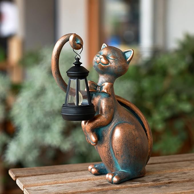WHIMSYNOOK 10.7" Bronze Cat Solar Garden Statue Light – Cute Kitty Design, Bronze Finish, Solar-Powered LED, Outdoor Yard & Lawn Décor, for Cat Lovers, Mom, and Garden Enthusiasts