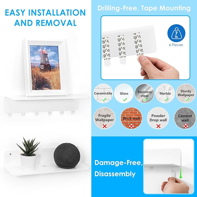 OAPRIRE White Acrylic Floating Shelves Set of 2 - Damage Free Expand Wall Space - 12 Inch Wall Shelves with Strong Adhesive for Bathroom, Bedroom, etc