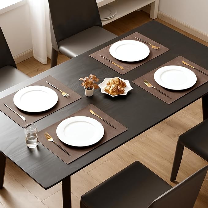 MOSAYT Vinyl Placemats Set of 8-12 X 17 Inch - Faux Leather 100% Waterproof Oil-Proof Wipeable PU Place Mats, Heat Resistant Reversible Table Mats for Kitchen, Dining, Outdoor (Brown)