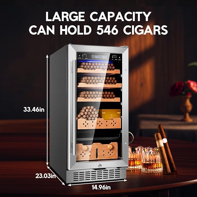 Tylza 88L Ciagr Humidor Cabinet, Humidity & Temp Control Electric Humidors for Cigars, 546 Counts, Silent Compressor, Reversible Door, Cigar Humidors with Spanish Cedar Drawer Shelves, Gifts for Men