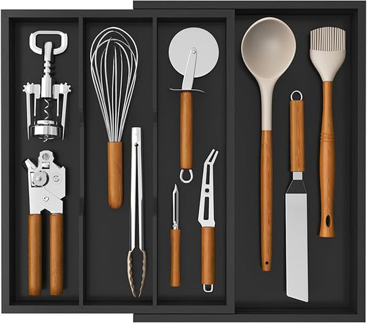 Lifewit Utensil Drawer Organizer, Expendable Cooking Silverware Tray for Kitchen Drawer, Bamboo Adjustable Cutlery Flatware Holder, Spatula Tools and Gadgets Storage Divider, 4 Compartments, Black