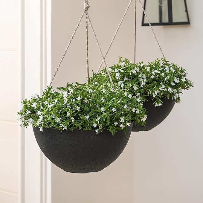 LA JOLIE MUSE Hanging Planters for Outdoor Plants, Large Hanging Planter with Drain Holes, Black Hanging Flower Pots (13.2 Inch, Set of 2)