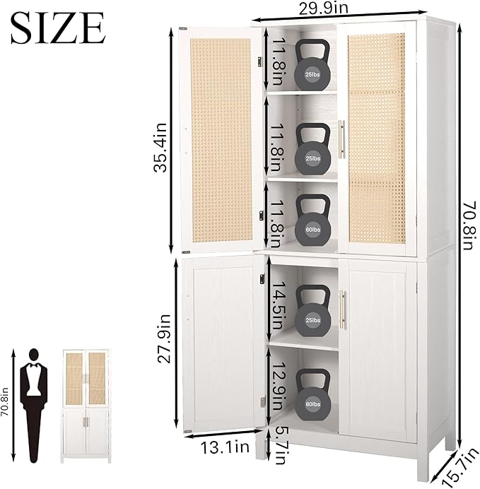 MISHAO 71" Kitchen Pantry Storage Cabinet, Tall Storage Cabinet with Rattan Doors & Adjustable Shelves, Freestanding Cupboard Wood Pantry for Kitchen, Living Room, Dining Room Hallway, White