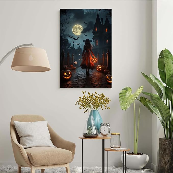 JFHCQJPK Halloween theme poster moonlit autumn night witch vintage poster art print dark college style gothic painting canvas wall decoration bedroom living room ideal gift12x16in Frameless