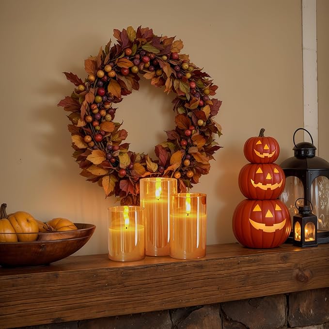 Amagic Gold Glass Flameless Candles Battery Operated with Timer, Remote Control, Flickering LED Fake Pillar Candles for Fall Decoration, Christmas Thanksgiving Decor, Amber, Set of 3
