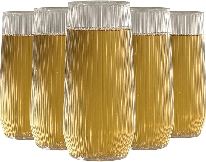 24 Pack Ribbed Ripple Stemless Toasting Glasses, Origami Durable 9 Oz BPA-Free Disposable Plastic Champagne Flutes for Weddings, Bars, Events, and Celebrations (Clear)