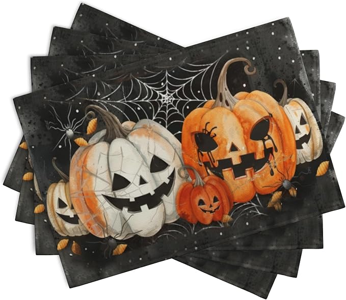 Halloween Pumpkins Spider Web Placemats Set of 4 Black Gray Scary Pumpkin Fall Linen Table Place Mat 12x18 Inch Seasonal Heat Resistant Table Mats for Party Kitchen Dining Decoration