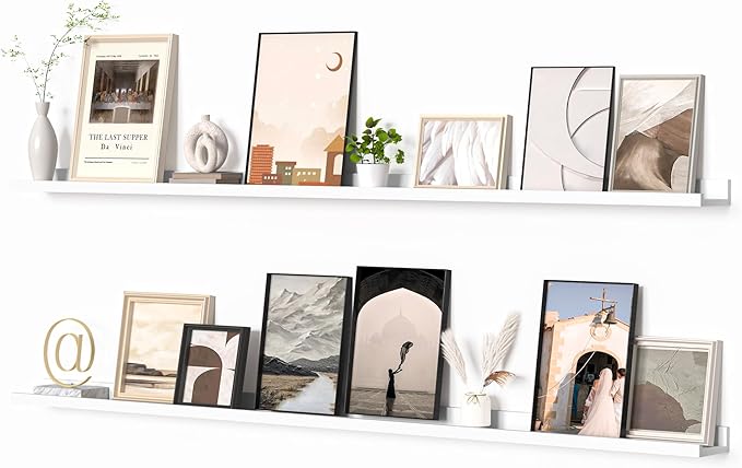 Heimlove Picture Ledge Shelf, Floating Shelves Set of 2, 72 Inches Long Large Picture Shelf for Wall with Ledge, Kids Bookshelf Wall Mounted for Living Room Bedroom Decor Books Photo Frames, White