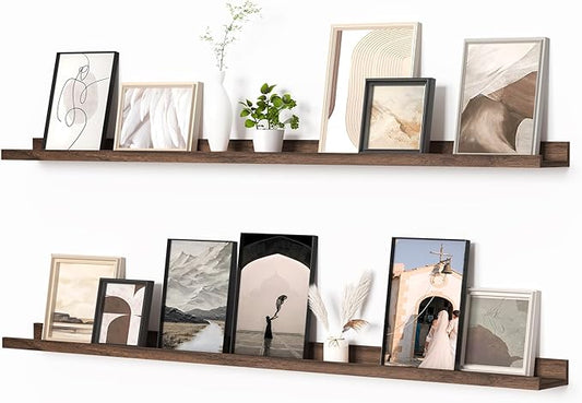 Heimlove Picture Ledge Shelf, Floating Shelves Set of 2, 56 Inches Picture Shelf for Wall with Ledge, Kids Bookshelf Wall Mounted for Living Room Bedroom Decor Books Photo Frames, Walnut