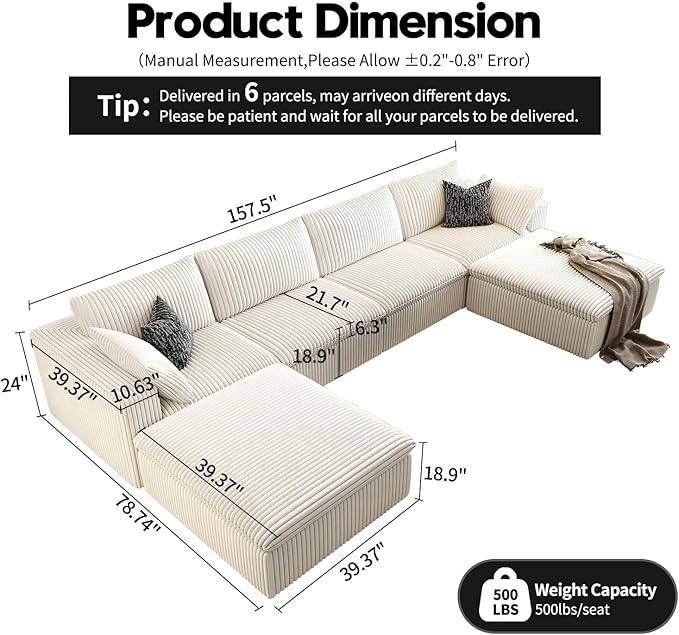 157.5" Cloud Couch Oversized Modular Sectional Sofa for Living Room,Modern Sofa with Deep Seat，U-Shape Boneless Couch with 2 Ottoman,Comfy Upholstered Couches for Apartment, Studio, Office,White