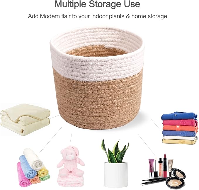 11" Cotton Rope Plant Basket Modern Woven Baskets for 10" Flower Pot Floor Indoor Planters,Storage Organizer Baskets Home Decor,Brown White 11"x 11"