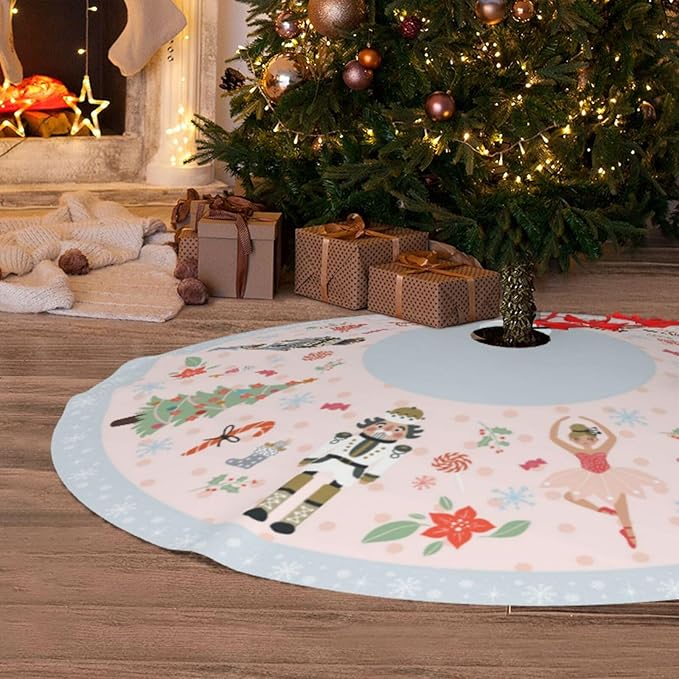 36" Cute Nutcracker Christmas Tree Skirt, Pink Sweet Candy Snowflakes Tree Mat Base Cover for Xmas Festive Holiday Party Decoration Ornaments