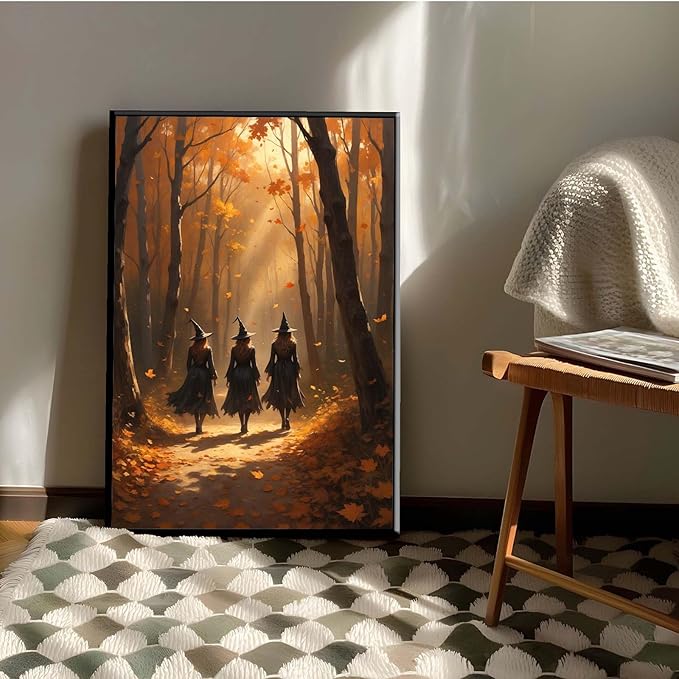JFHCQJPK Three witches walking in the forest in autumn canvas painting gothic poster halloween print country witch wall art for home decoration12x16in Metal blackFramed