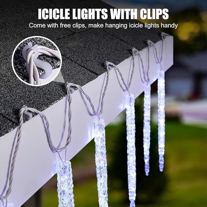 Minetom Icicle Lights Outdoor with Clips, 10ft 50 LED 10 Tubes Twinkling Ice Shape String Lights, Connectable Hanging Christmas Lights Plug in for Eave Holiday Outdoor, Cool White
