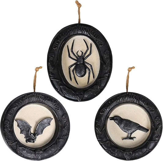 Ovewios Halloween Wall Art Decorations, Retro Gothic Framed Spooky Hanging Decor, Pack of 3 Resin Black Animal Head Wall Sculptures for Indoor Halloween Party Home Decorations