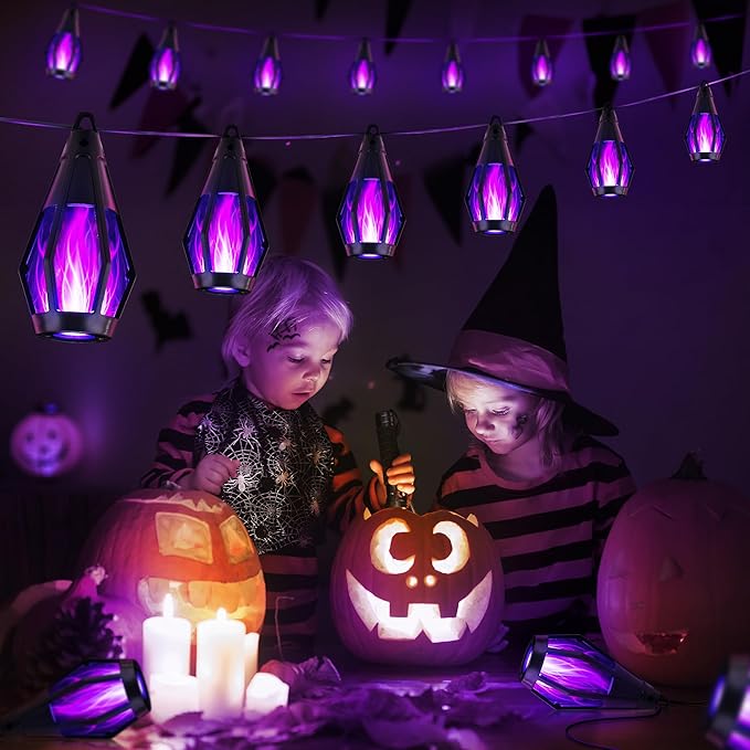 iBaycon Solar Halloween Lights, 42Ft 15 LED Bulbs Flickering Flame String Light, Outdoor Waterproof Solar Flame Lights for Garden Yard Patio Halloween Decorations (Purple)