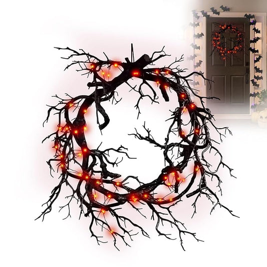 Halloween Black Branch Wreath - 20 Inch Glitter Black Twig Halloween Wreaths with Red Lights for Front Door Indoor Outdoor Party Window Wall Decor Farmhouse Garland Yard