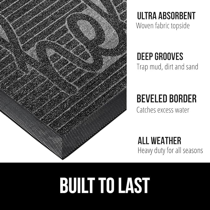GORILLA GRIP 100% Waterproof All-Season WeatherMax Doormat, US Designed Natural Rubber, Stain and Fade Resistant, Low Profile Indoor Outdoor Door Mats, Easy Clean Patio Mat, 17x29, Charcoal Hello