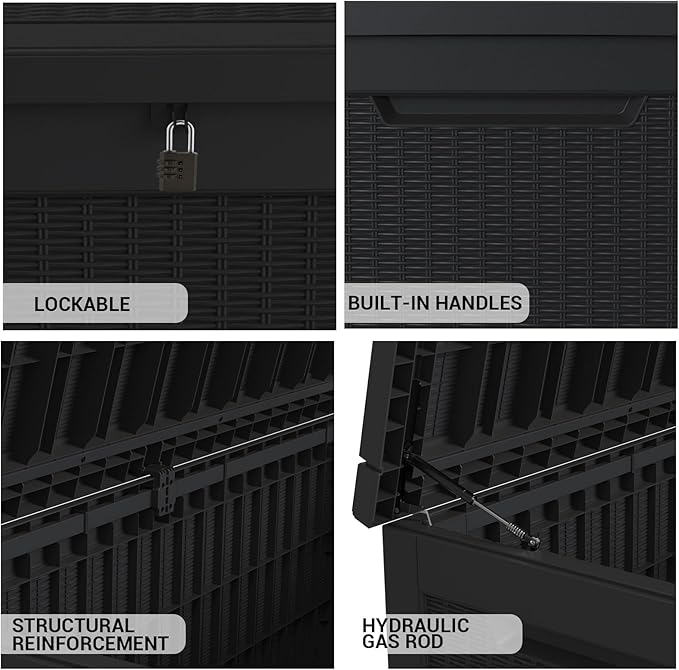 DRATO 260 Gallon Deck Box, Outdoor Large Waterproof Resin Storage Box with Lockable Lid for Patio Cushions, Gardening Tools, Sports Equipment, Black