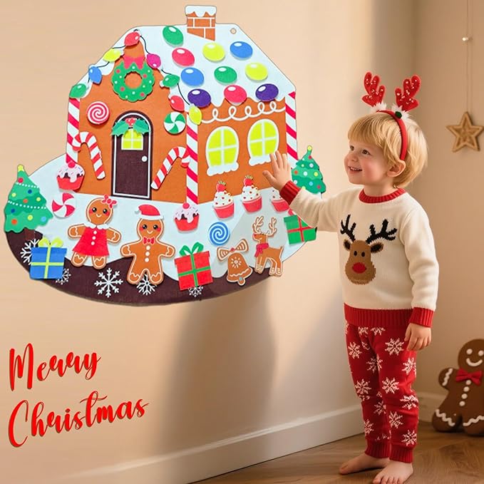 Felt Gingerbread House with Detachable Felt Christmas Ornaments, Festive Gingerbread Man Woman Story Board for Wall, DIY Montessori Activities for Little One Craft Kit Xmas Decor Party Favor