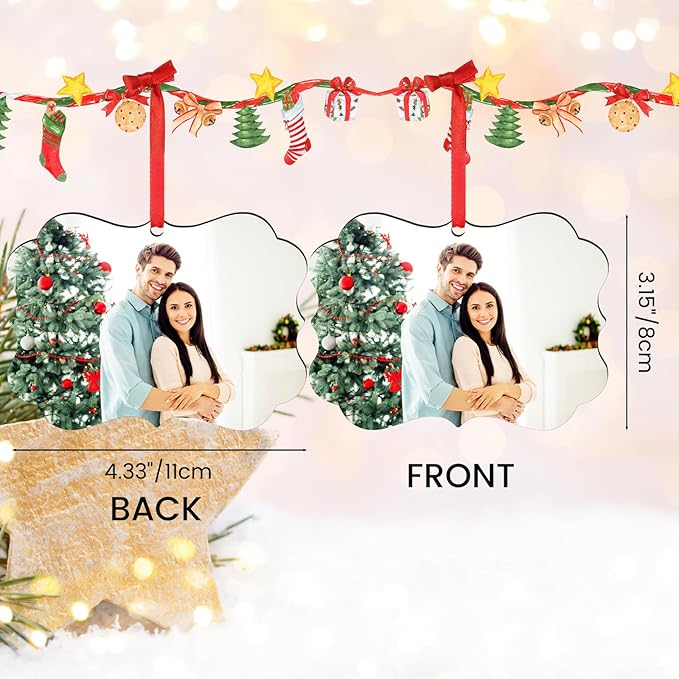 4 Pack Personalized Christmas Ornaments 2025 Wood Custom Photo Text Hanging Ornament for Christmas Tree Decorations, First Christmas Engaged/Married, New Home, Baby's First Christmas, Memorial