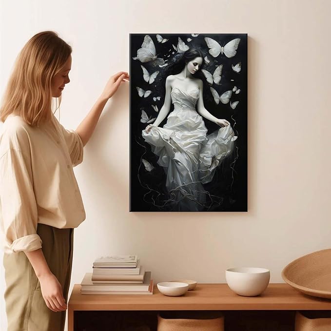 Vintage Gothic Feminine Canvas Wall Art Print Butterfly Poster Moody Preppy Wall Art Dark College Decor for Home Bedroom28x40in Wood Framed