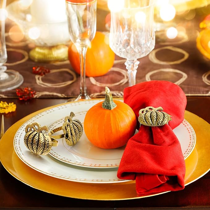 20 Pcs Thanksgiving Pumpkin Napkin Rings Gold Napkin Holders Fall Dinner Table Napkin Rings for Thanksgiving Harvest Table Party Decoration