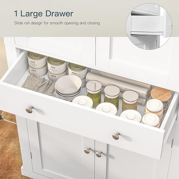 usikey 72” Pantry Cabinet, Tall Kitchen Storage Cabinet with 4 Doors and 1 Drawer, Cupboard with 6 Hanging Shelves and Adjustable Shelves for Kitchen, Dining Room, Living Room, White