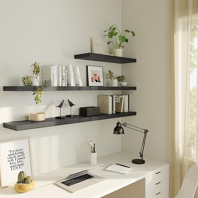 Large Floating Shelves for Wall Set of 1 Wooden Wall Shelves 30 in x 12.75 in x 2 in Room Decor Long Shelf with Invisible Wall Mount Bracket for Bedroom Kitchen Living Room Black Wood