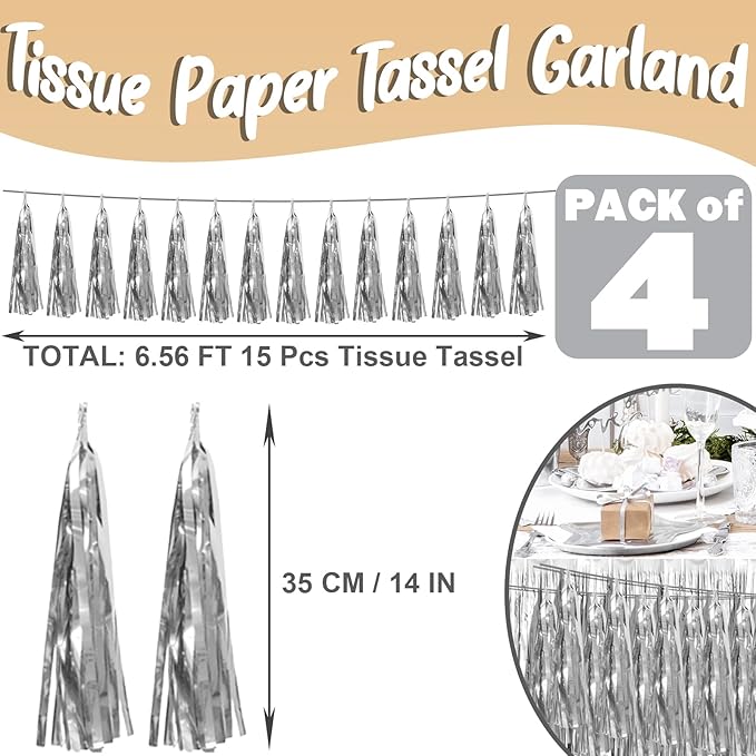 4P Silver Foil Fringe Metallic Tassel Streamers Banner Tassel Garland for Parade Floats, Bachelorette, Wedding, Birthday, Halloween, Christmas, Bridal/Baby Shower Party Decorations