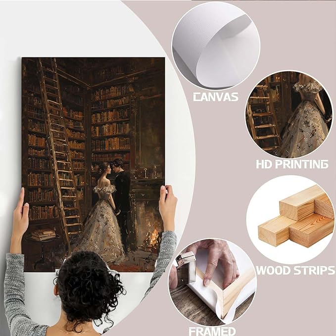 Gothic retro library scene decoration melancholy calm art college style wall aesthetic antique style home decoration suitable for bedroom living room28x40in Wood Framed