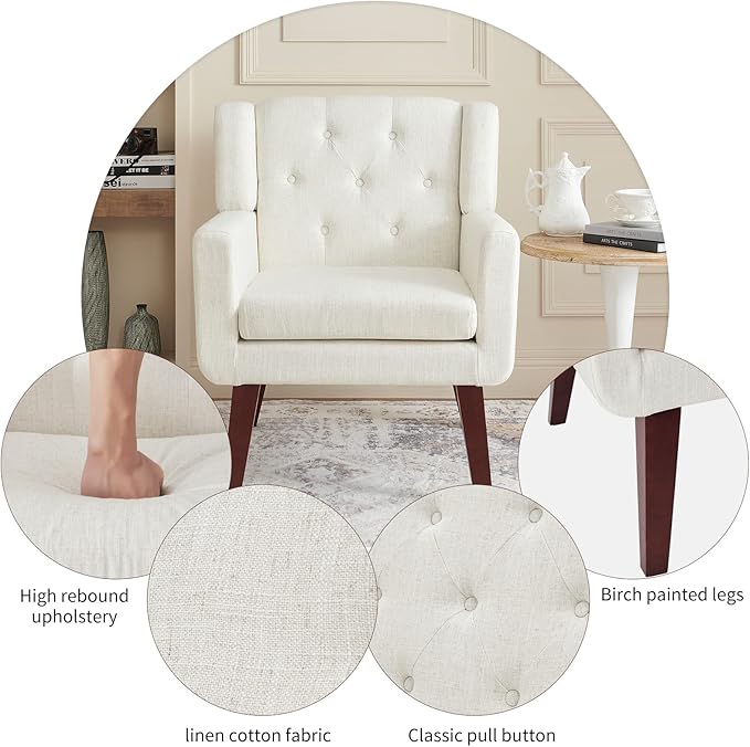Accent Chair Button-Tufted Upholstered Living Room Chairs Comfy Reading Chair Mid Century Modern Chair with Linen Fabric Lounge Arm Chairs for Living Room Bedroom (Beige Set of 2)