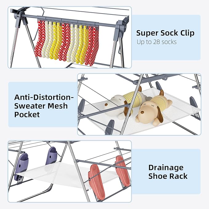 Clothes Drying Rack, Foldable 2-Level Laundry Racks for Drying Clothes Rack,Stainless Steel Drying Rack Clothing Collapsible for Indoor Outdoor,with Height-Adjustable Wings,33 Drying Rails,Gray