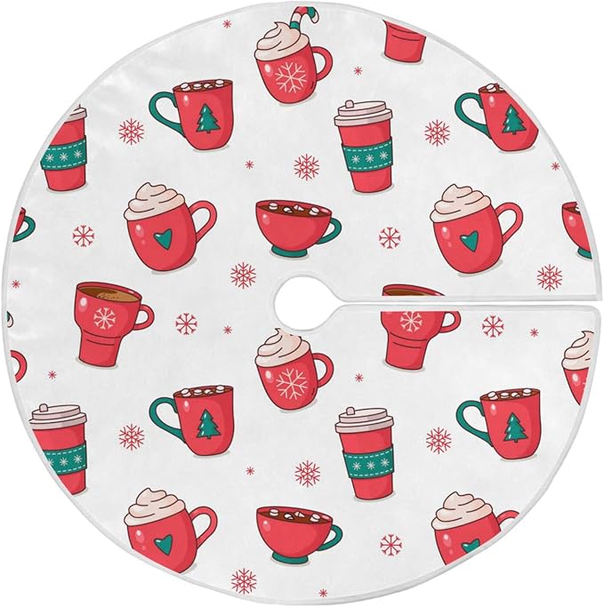 Christmas Hot Chocolate Coffee Tree Skirt, Seasonal Tree Mat Holiday Party Supplies Ornaments Indoor Outdoor Decorations for Tabletop Trees 47.2 Inches