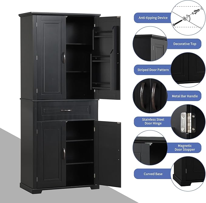 72.2" Tall Storage Cabinet with 4 Doors and Drawer, Freestanding Linen Cabinet, Wooden Pantry with Adjustable Shelf for Kitchen, Bathroom, Living Room Black